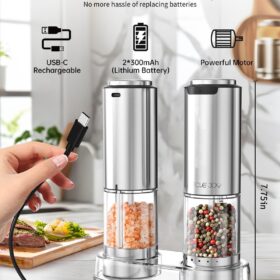 CIRCLE JOY Salt and Pepper Grinding unit usb charging Stainless steel Pepper grinding machine, 6-level adjustable roughness